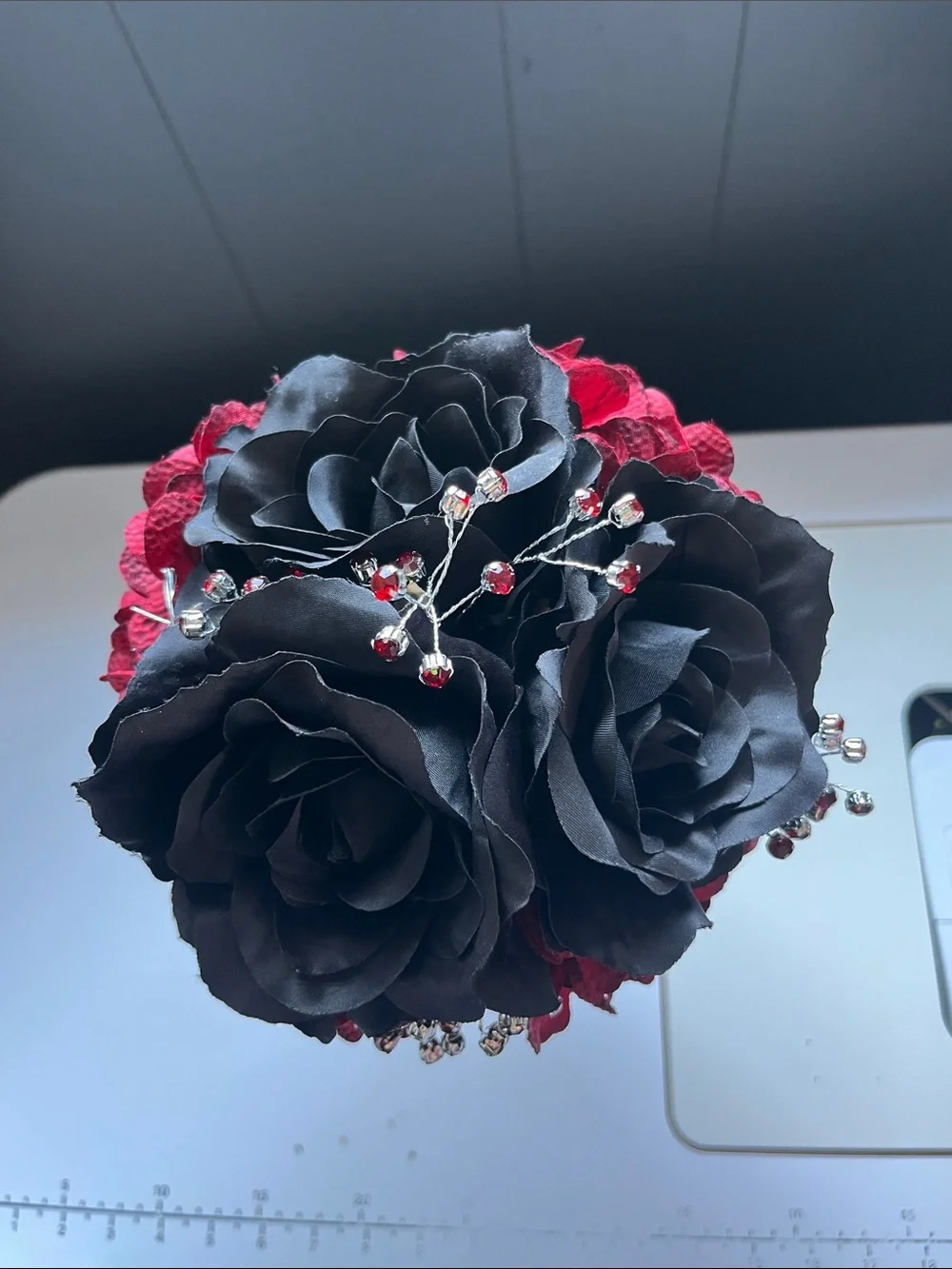 Black & Deep Red Floal Bouquet with Crystal Accents